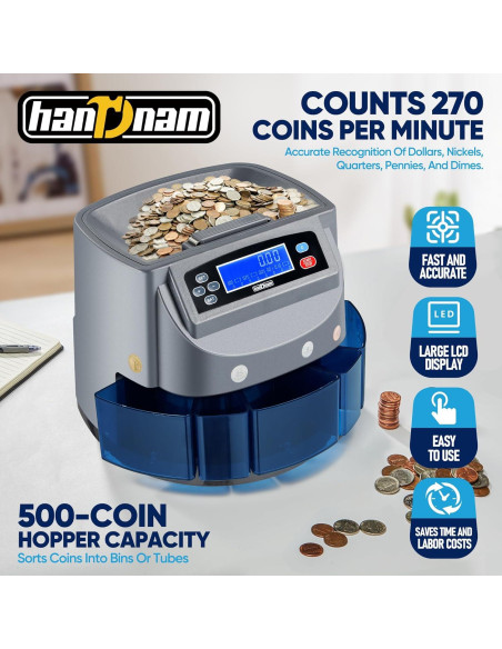 Máquina Contadora de Monedas Handnam 270 Monedas/min, 500 Capacidad Máquina Contadora de Monedas Handnam 270 Monedas/min, 500 Capacidad
