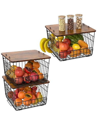 Canasta de Alambre Apilable Delamu 3 Pack con Tapa de Madera