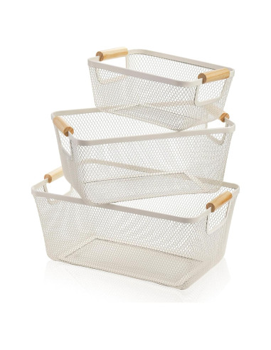 Conjunto de 3 cestas de malla metálica Noamus con mango de madera