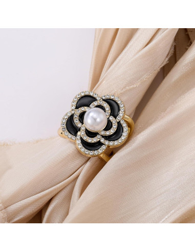 Anillo para Bufanda Camelia Baño de Oro con Perlas y Strass