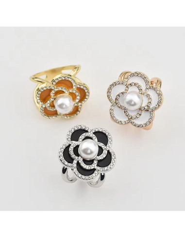 Anillo para Bufanda Camelia Baño de Oro con Perlas y Strass