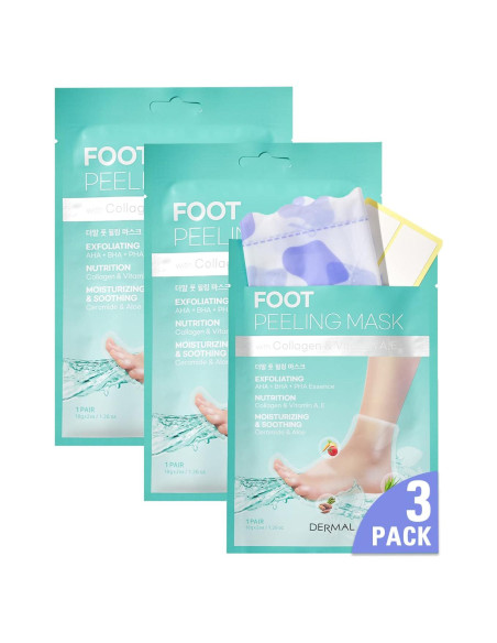 Mascarilla Exfoliante para Pies Dermal Korea - 3 Paquetes con Aloe Vera y Colágeno Mascarilla Exfoliante para Pies Dermal Korea - 3 Paquetes con Aloe Vera y Colágeno