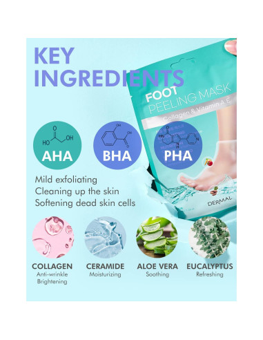 Mascarilla Exfoliante para Pies Dermal Korea - 3 Paquetes con Aloe Vera y Colágeno