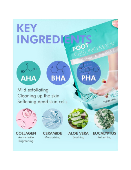 Mascarilla Exfoliante para Pies Dermal Korea - 3 Paquetes con Aloe Vera y Colágeno Mascarilla Exfoliante para Pies Dermal Korea - 3 Paquetes con Aloe Vera y Colágeno