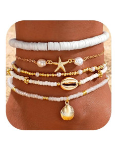 Conjunto de Pulseras de Tobillo Boho para Mujeres - 5 Pcs Ajustables con Conchas