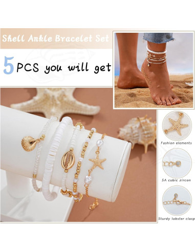 Conjunto de Pulseras de Tobillo Boho para Mujeres - 5 Pcs Ajustables con Conchas