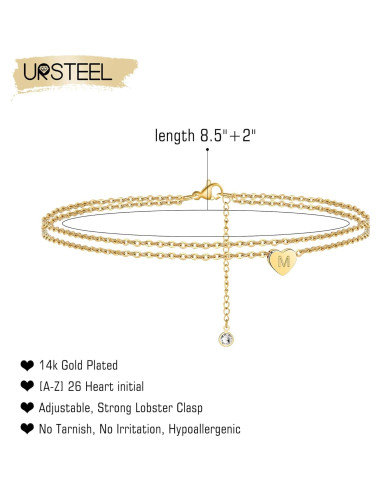 Pulsera de Tobillo Ursteel Oro 14K con Inicial Ajustable 21.6cm