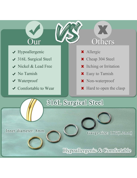 Anillos Septum Jstyle 5 Pcs Acero Quirúrgico 316L 16G 8-12mm Anillos Septum Jstyle 5 Pcs Acero Quirúrgico 316L 16G 8-12mm