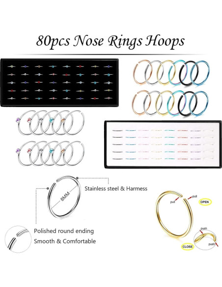Juego de Anillos de Nariz Hipoalergénicos Acero Inoxidable 120pcs Juego de Anillos de Nariz Hipoalergénicos Acero Inoxidable 120pcs