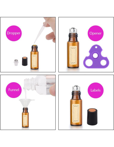 Set de 24 Botellas de Rodillo de Vidrio Ámbar 5ml con Accesorios
