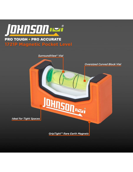 Nivel de bolsillo magnético Johnson 1721P, 90.72g, naranja Nivel de bolsillo magnético Johnson 1721P, 90.72g, naranja