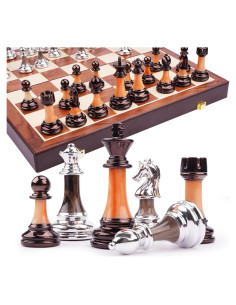 Juego de Ajedrez de Metal TENGZHEN 38 cm Plegable con Tablero de Madera