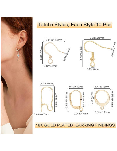 Beebeecraft Kit 50 Ganchos de Pendientes Oro 18K 5 Estilos