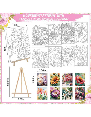 Kit de Pintura Tenceur 72 Piezas Lienzos Pre Dibujados Flores