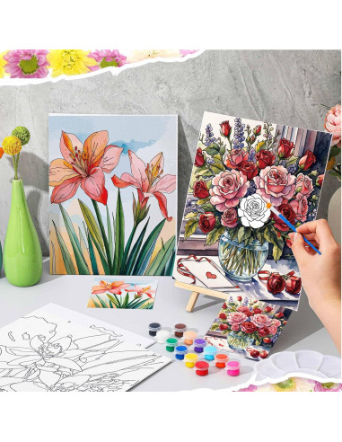 Kit de Pintura Tenceur 72 Piezas Lienzos Pre Dibujados Flores