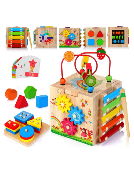 Cubo de Actividad de Madera 8 en 1 HELLOWOOD Rosa Claro Cubo de Actividad de Madera 8 en 1 HELLOWOOD Rosa Claro