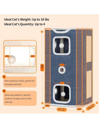 Casa para Gatos Ampliada Hannadepot 3 Niveles Azul con Almohadilla