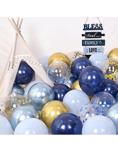 60 Globos Metálicos Azul Marino y Claro con Confeti Dorado