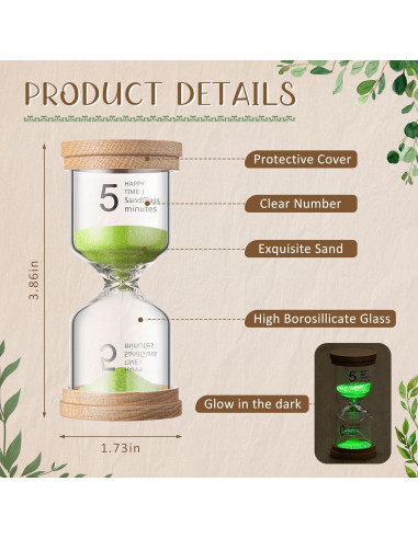 Reloj de Arena de Madera Luminiscente Kingdder 5 Minutos Verde
