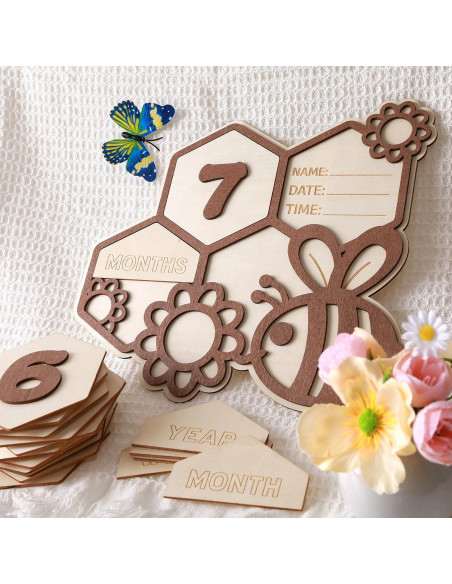 Tarjetas de Hitos de Madera Little Bee 1-12 Meses Bebés Tarjetas de Hitos de Madera Little Bee 1-12 Meses Bebés