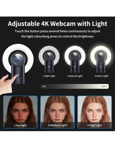 Cámara Web 4K Combess con Luz Ajustable y Altavoz