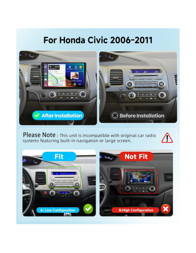 Estéreo de Coche Android 13 Podofo 10.1" 8 Núcleos 6G+128G para Honda Civic 2006-2011