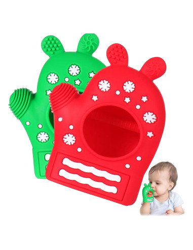 2 Mitones de Dentición Navideños para Bebés Silicona 3-12 Meses