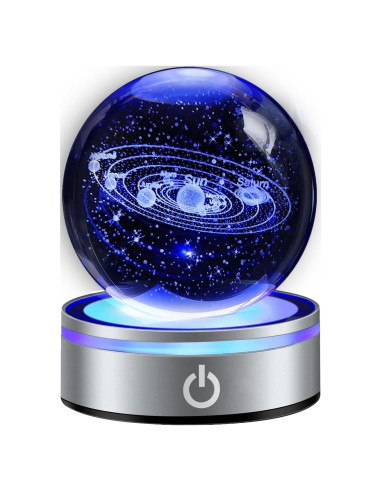 Esfera de Cristal 3D Sistema Solar con Base LED Colorida