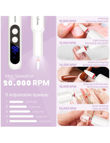 Kit de Taladro de Uñas Eléctrico HengYuaoler Inalámbrico 3 Velocidades