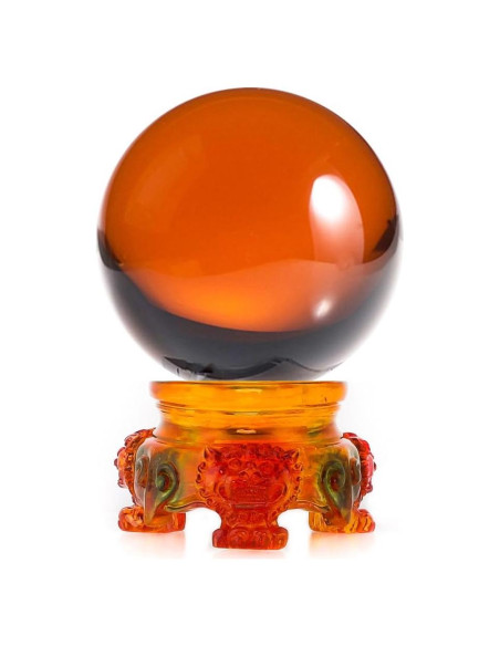 Bola de Cristal Ámbar 80mm Amlong con Soporte León Arcoíris Bola de Cristal Ámbar 80mm Amlong con Soporte León Arcoíris