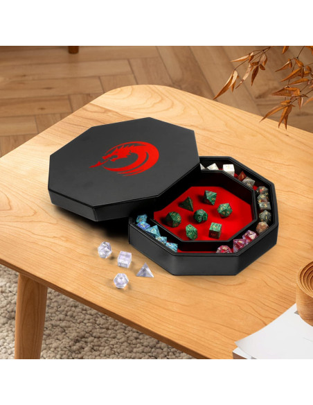 Bandeja para Dados DNDND Octagonal con Tapa de Terciopelo Rojo Bandeja para Dados DNDND Octagonal con Tapa de Terciopelo Rojo