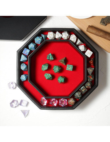 Bandeja para Dados DNDND Octagonal con Tapa de Terciopelo Rojo