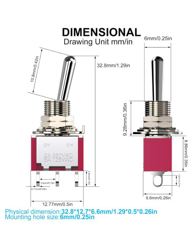 Interruptor de Palanca SPDT DIYhz 5A 125V 2A 250V 10 Piezas