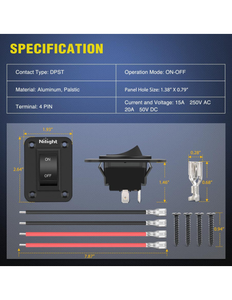 Interruptor ON-Off Nilight 4 Pines DPST 12V 20A Aluminio Negro Interruptor ON-Off Nilight 4 Pines DPST 12V 20A Aluminio Negro