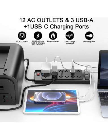 Regleta de Poder Alestor 12 Salidas AC y 4 USB 6 Pies
