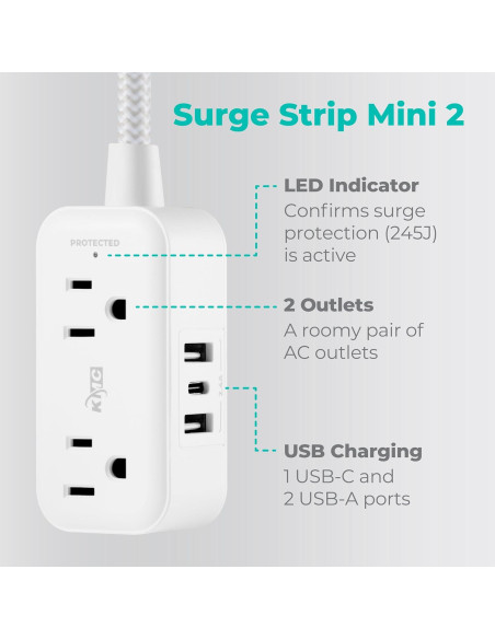 Regleta de Energía KMC con 2 Salidas y 3 Puertos USB, 245J Regleta de Energía KMC con 2 Salidas y 3 Puertos USB, 245J