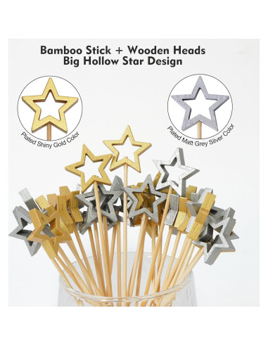 Palillos de cóctel de bambú Minisland 14 cm Estrella Plata 50 pcs