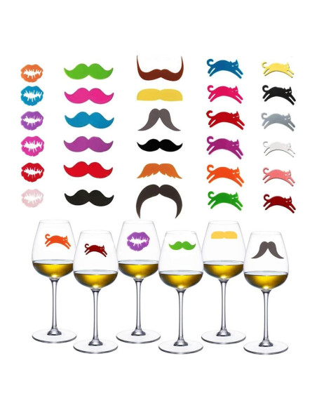 30 Marcadores de Copas de Vino Silicona Metulip - Labio, Bigote, Gato 30 Marcadores de Copas de Vino Silicona Metulip - Labio, Bigote, Gato