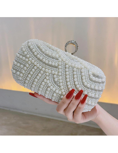 Bolso de Mano de Perlas para Mujeres 20.5x15.5cm Blanco