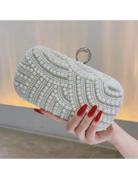 Bolso de Mano de Perlas para Mujeres 20.5x15.5cm Blanco Bolso de Mano de Perlas para Mujeres 20.5x15.5cm Blanco