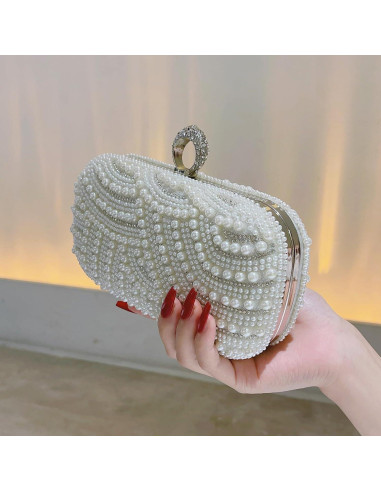 Bolso de Mano de Perlas para Mujeres 20.5x15.5cm Blanco