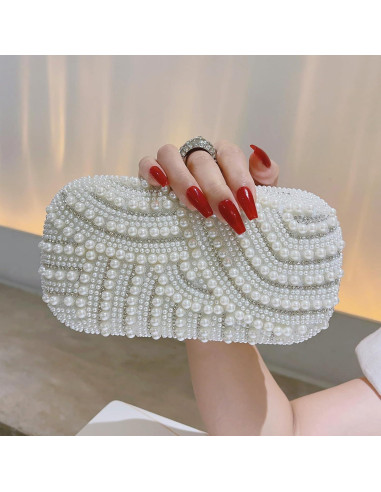 Bolso de Mano de Perlas para Mujeres 20.5x15.5cm Blanco