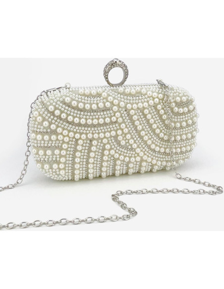 Bolso de Mano de Perlas para Mujeres 20.5x15.5cm Blanco Bolso de Mano de Perlas para Mujeres 20.5x15.5cm Blanco