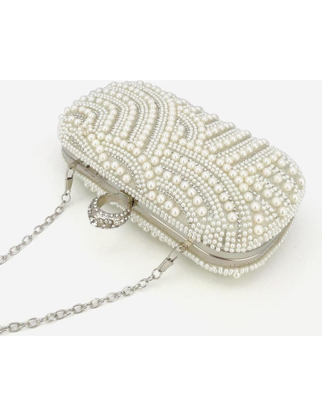 Bolso de Mano de Perlas para Mujeres 20.5x15.5cm Blanco Bolso de Mano de Perlas para Mujeres 20.5x15.5cm Blanco