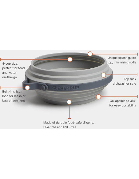 Tazón Colapsable Grande Cleverpup - Silicona 4 Tazas Gris Tazón Colapsable Grande Cleverpup - Silicona 4 Tazas Gris