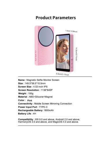 Monitor de selfie TRGOOMO rosa con control remoto Bluetooth 4K