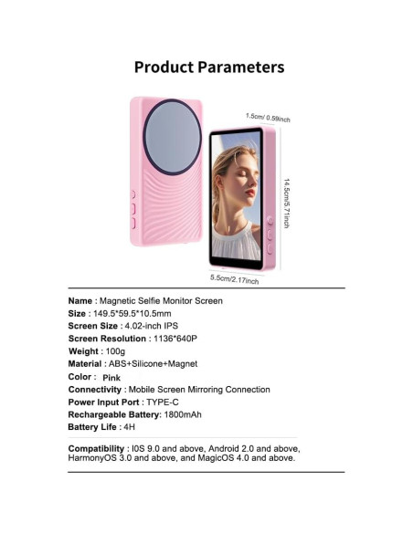 Monitor de selfie TRGOOMO rosa con control remoto Bluetooth 4K Monitor de selfie TRGOOMO rosa con control remoto Bluetooth 4K