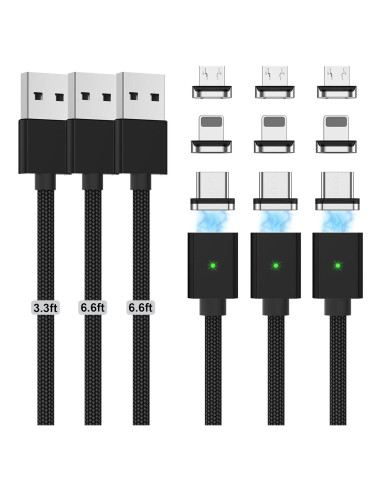Cable de Carga Magnético 3A 3 en 1 USB-C/Micro-USB - Negro