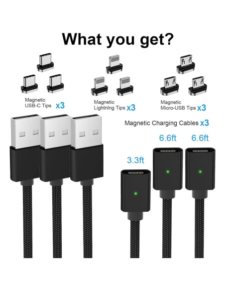 Cable de Carga Magnético 3A 3 en 1 USB-C/Micro-USB - Negro Cable de Carga Magnético 3A 3 en 1 USB-C/Micro-USB - Negro