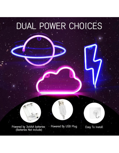 Kit 3 Luces Neon VIOPVERY Nube Relámpago Planeta LED